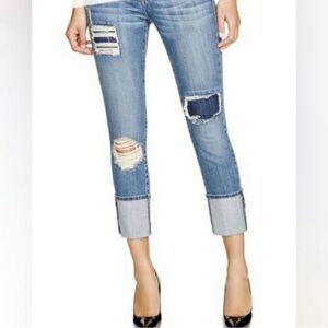 KUT from The Kloth Cameron Straight Leg Cuffed Patch Distressed Jeans Blue 2